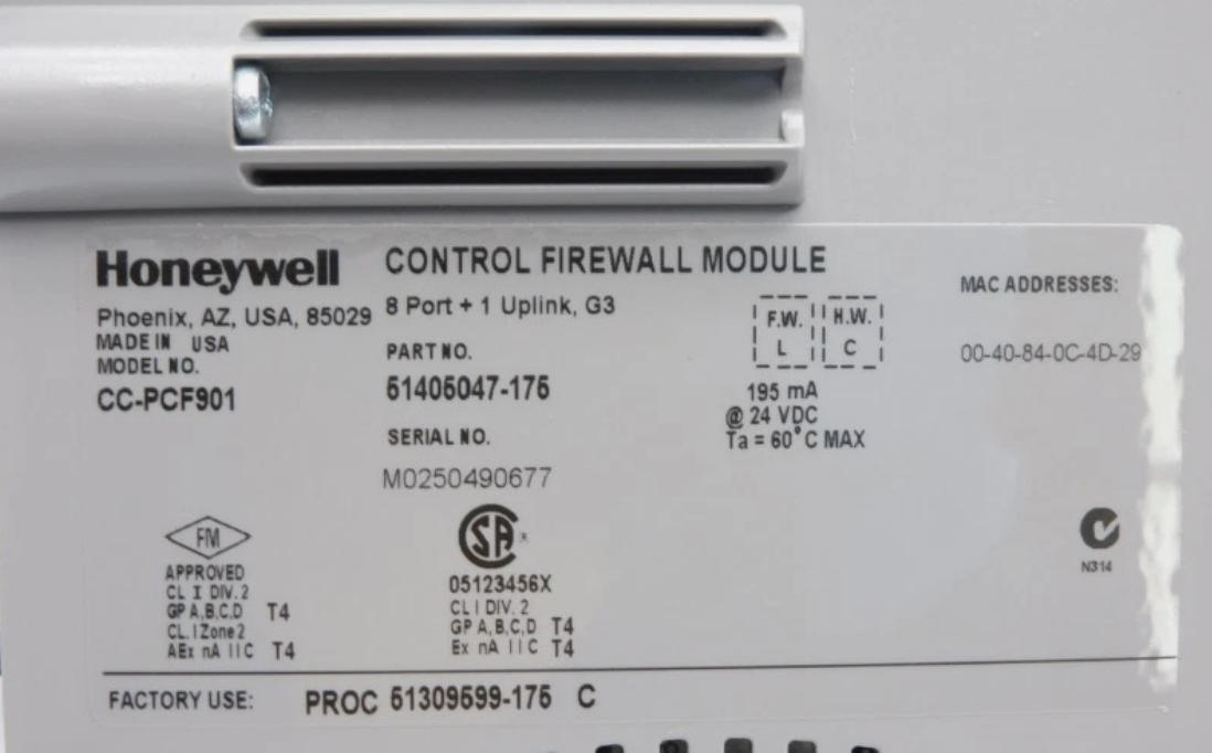 Modulo de Firewall de Controle Honeywell CC-PCF901 com alimentação de corrente contínua de 24 V para proteção da segurança da rede e distribuição de rede FTE